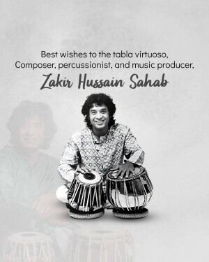 Portrait of Zakir Hussain with his tabla drums