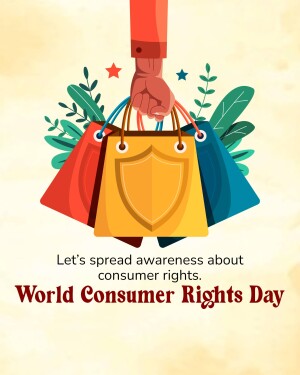Illustration of a hand holding shopping bags with a shield, promoting consumer rights awareness.