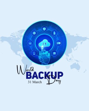 Digital illustration for World Backup Day featuring a hand interacting with a data network and a world map background.