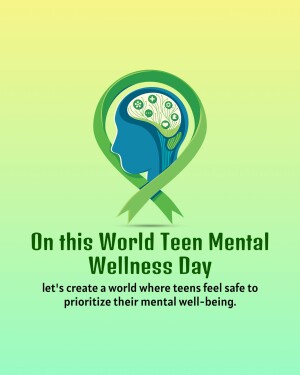Graphic promoting World Teen Mental Wellness Day with a brain-shaped head and ribbon.