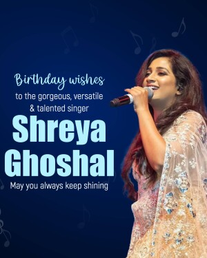 Shreya Ghoshal singing on stage with birthday wishes text overlay
