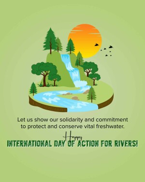 Illustration of a river landscape with a waterfall and trees, promoting freshwater conservation.