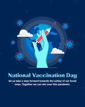 Illustration of a hand holding a syringe vaccinating the Earth, surrounded by virus particles and clouds.