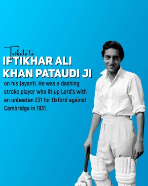 Black and white portrait of Iftikhar Ali Khan Pataudi Ji, a cricketer, holding a cricket bat.