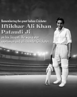 Black and white portrait of Iftikhar Ali Khan Pataudi, a legendary Indian cricketer.