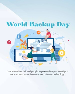 Illustration depicting the importance of data backup with small people interacting with digital devices and a world map.