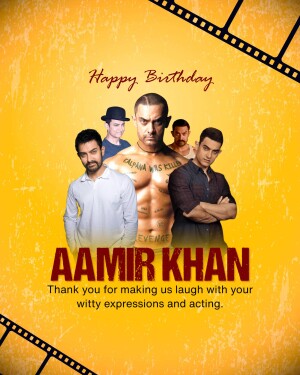 A collage of Aamir Khan in different roles with 'Happy Birthday' text.