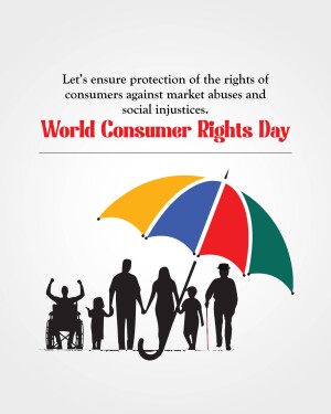 World Consumer Rights Day illustration with a family under an umbrella.