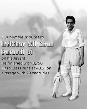 Black and white portrait of Iftikhar Ali Khan Pataudi Ji, a legendary Indian cricketer.
