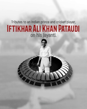 Black and white portrait of Iftikhar Ali Khan Pataudi with a circular graphic