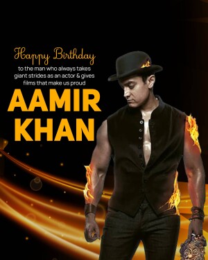 A digital artwork celebrating Aamir Khan's birthday with a dramatic and fiery design.