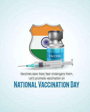 Image depicting a vaccine vial, syringe, and Indian flag shield promoting vaccination.