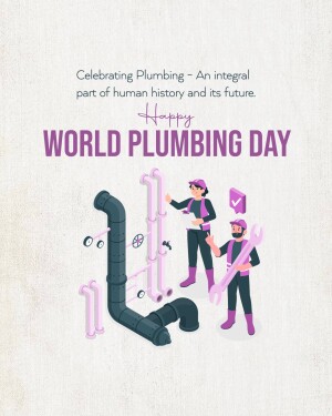 Illustration celebrating World Plumbing Day with plumbers and pipes.