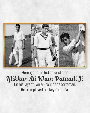 Black and white collage of Iftikhar Ali Khan Pataudi in various cricket poses.