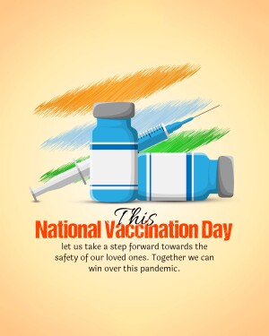 National Vaccination Day illustration with vaccine bottles, syringes, and Indian flag colors.