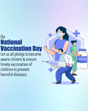 Illustration promoting National Vaccination Day with healthcare workers and a vaccine bottle.