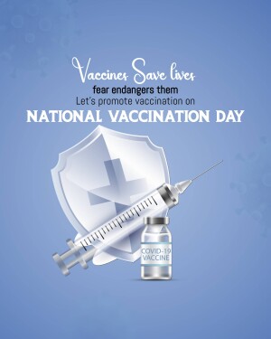 Poster promoting National Vaccination Day with a syringe, vaccine vial, and shield.