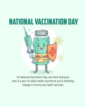 Cartoon illustration of a vaccine bottle with arms and legs holding a syringe and shield, promoting National Vaccination Day.
