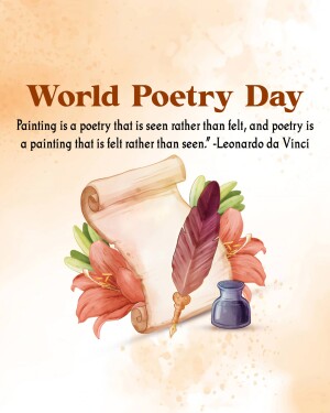 Watercolor illustration for World Poetry Day featuring a scroll, quill, and lilies with a quote by Leonardo da Vinci.