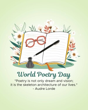 Illustration for World Poetry Day featuring an open book, glasses, pen, and flowers.