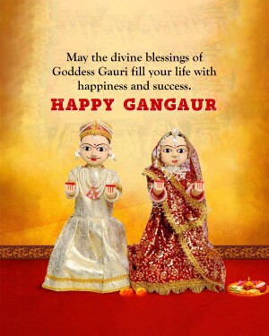 Image depicting traditional Gangaur dolls with a festive message.