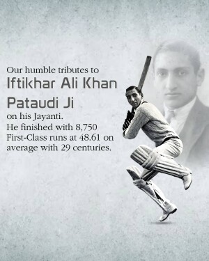 Black and white image of Iftikhar Ali Khan Pataudi Ji in cricket attire