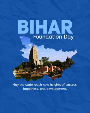 Bihar Foundation Day celebration poster with Mahabodhi Temple and state map