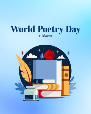 Illustration for World Poetry Day featuring books, a feather, and a rose.