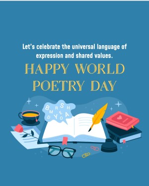 Illustration for World Poetry Day featuring a book, quill, and writing accessories.