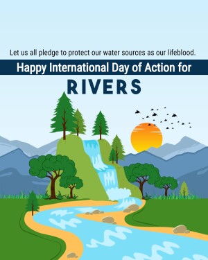 Illustration of a river landscape with trees, a waterfall, and a sunset, promoting International Day of Action for Rivers.