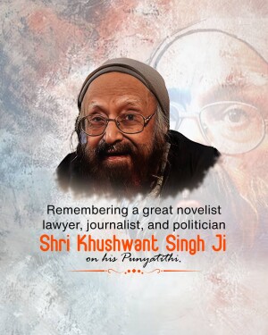 Portrait of Khushwant Singh with text commemorating his Punyathithi
