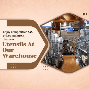 Image of a warehouse with utensils on display, advertising competitive prices.