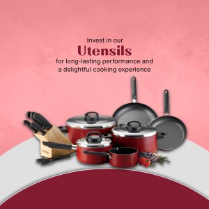 A collection of stainless steel cookware including pots, pans, and knives against a pink gradient background.