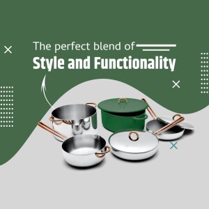 A collection of modern cookware with copper handles and stainless steel and green finishes.