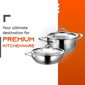 Stainless steel pots and pans with lids, kitchenware advertisement