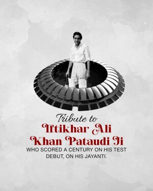 Black and white portrait of Iftikhar Ali Khan Pataudi with a cricket theme