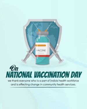 Illustration of a vaccine vial with syringes and a shield, celebrating National Vaccination Day in India.