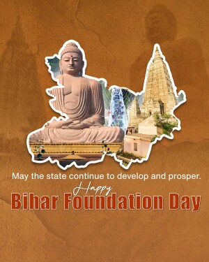 Image depicting a Buddha statue and Mahabodhi Temple with text 'Happy Bihar Foundation Day'