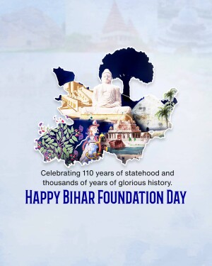 Bihar Statehood Day graphic with landmarks and Buddha statue