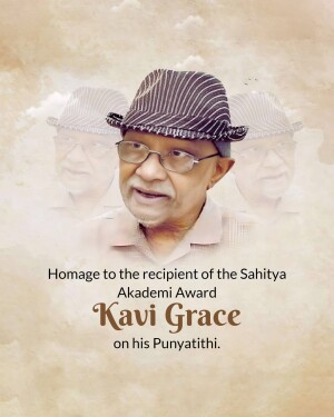 Portrait of Kavi Grace with faded images in the background and text honoring him.