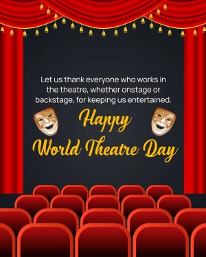 World Theatre Day greeting with stage curtains and masks