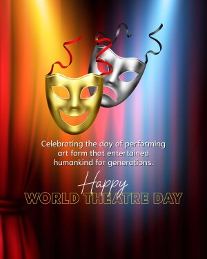 Golden and silver theatre masks with red ribbons against a red and blue curtain background with text celebrating World Theatre Day.