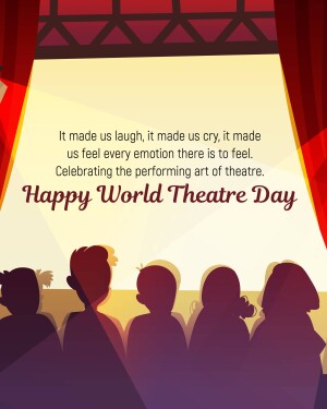 Illustration of audience silhouettes watching a stage with text celebrating World Theatre Day.