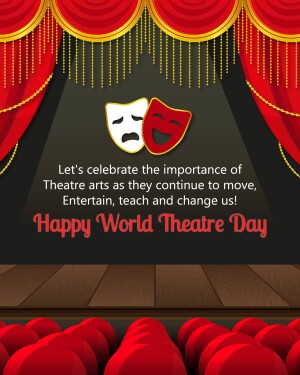 Red stage curtains with comedy and tragedy masks and text celebrating World Theatre Day
