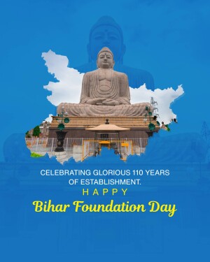 Image commemorating 110 years of Bihar's establishment with a statue of Buddha and the state's outline.