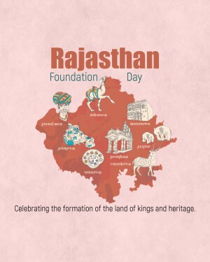 Rajasthan map with cultural icons and text celebrating Foundation Day