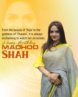 Madhhoo Shah in a grey and yellow saree, celebrating her birthday