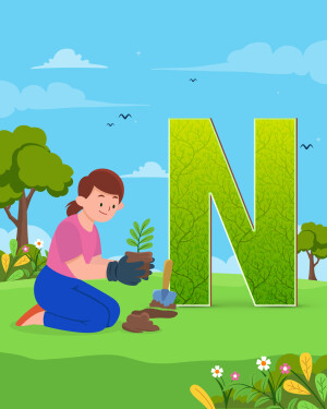Illustration of the letter N made of leaves with a girl planting a seedling.
