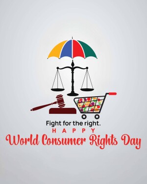 Illustration depicting a balance scale, gavel, shopping cart, and umbrella representing consumer rights.
