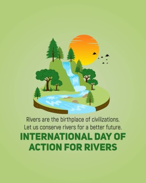Illustration of a river landscape with a waterfall, trees, and a sunset, promoting river conservation.